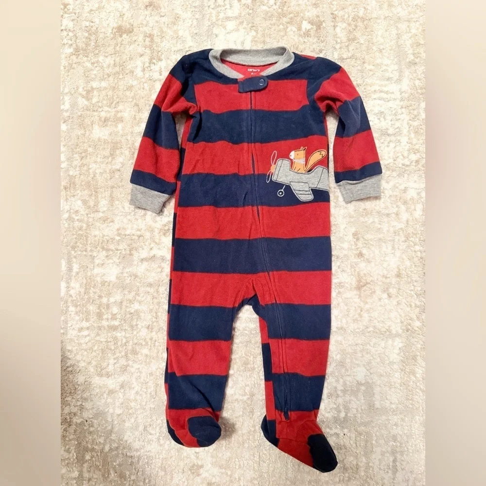 Carter's Red and Navy Striped Fleece Cozy Footie size 9M